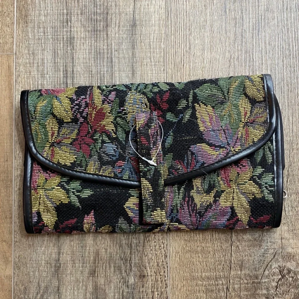 Vintage Floral Tapestry Travel Organizer Tri-Fold Cosmetic Jewelry Roll Bag